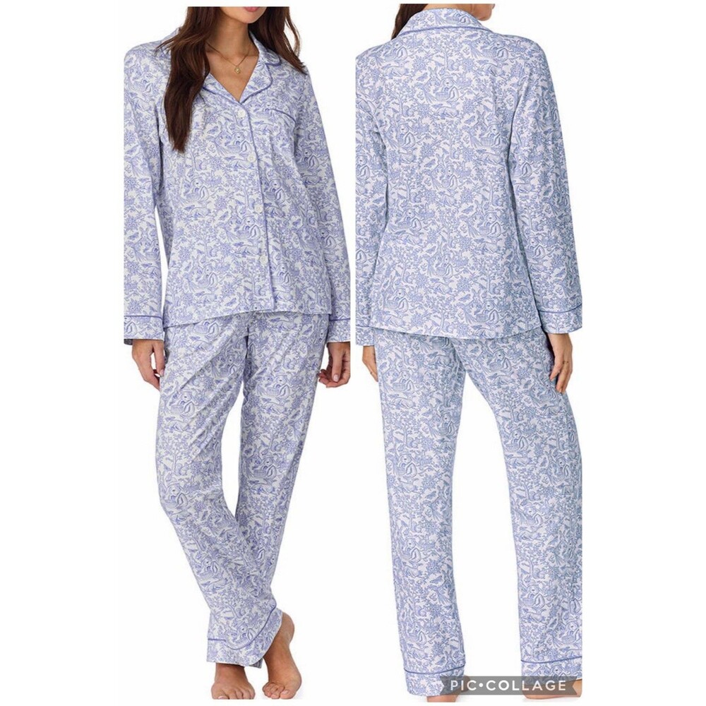BedHead Pajamas Ivory Blue Spring Print Bunnies Top & Pants Women’s M